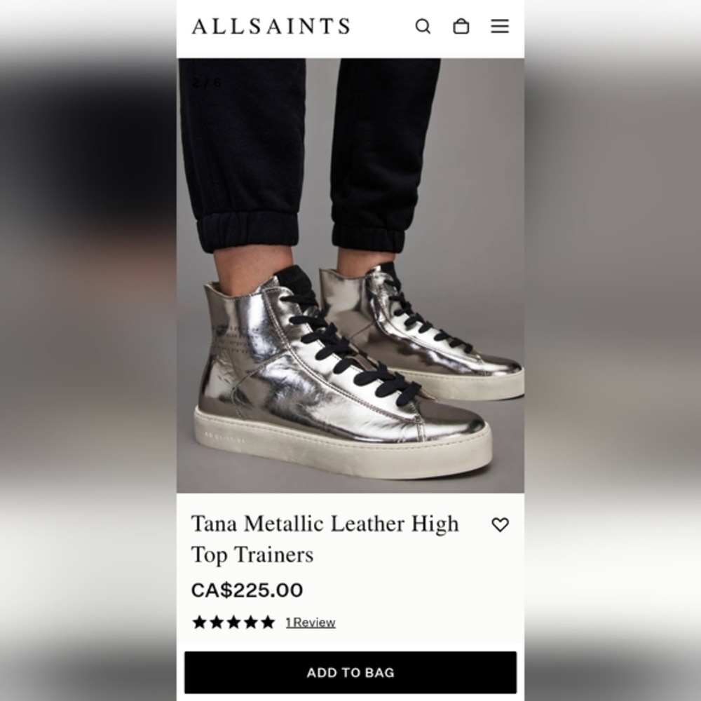 Silver metallic high top sneakers  All Saints women sz 6 US (36)